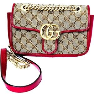 GUCCI Monogram GG Marmont Matelasse Brown Canvas Red Crossbody Handbag AUTHENTIC